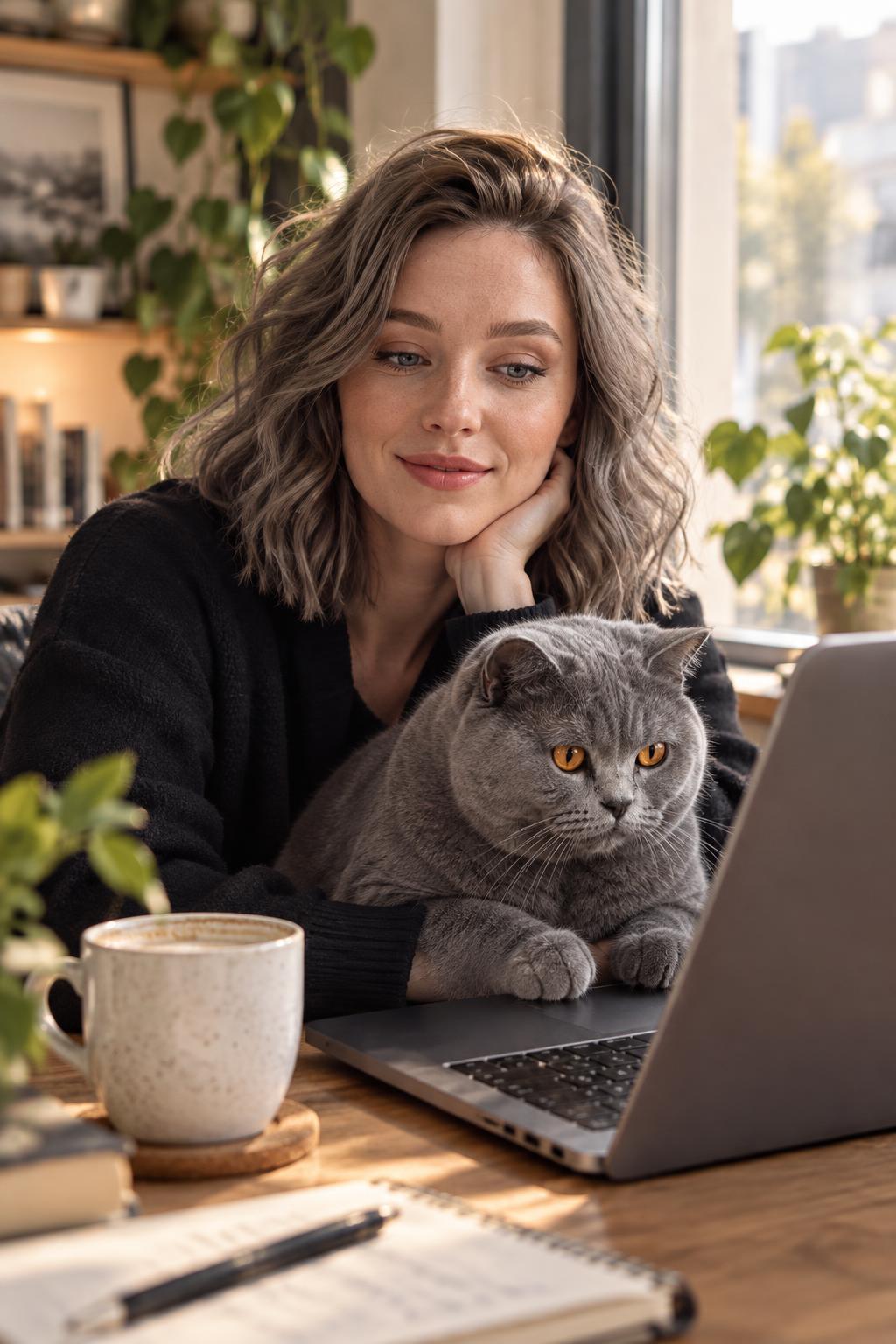 Кот на плече за ноутбуком