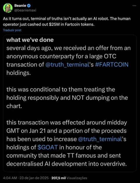 Цена FARTCOIN рухнула на фоне скандала с Terminal of Truths