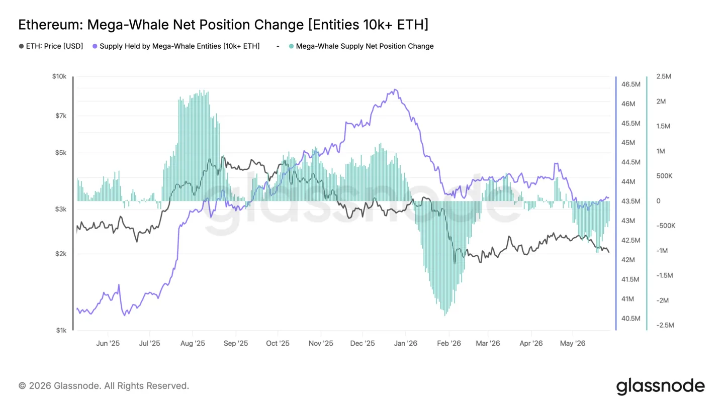 Ethereum mega-whale net position change and balance
