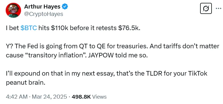 Arthur Hayes tweet about btc
