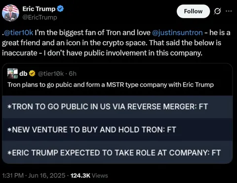 Эрик Трамп назвал себя фанатом Tron, но открестился от публичного листинга проекта в США