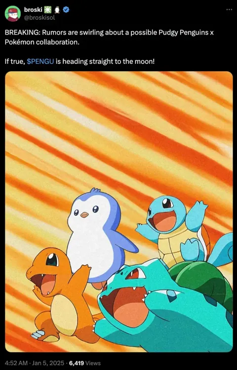 Цена PENGU взлетела на фоне слухов о сотрудничестве с Pokemon