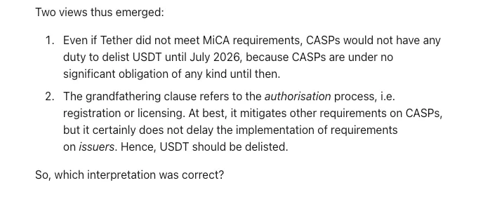 An excerpt from a Jan. 18 post on MiCA implications for Tether USDt by Juan Ignacio Ibañez