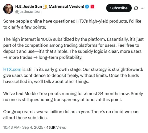 Джастин Сан защитил доходность HTX и объявил о расширении трежери Tron на $110 млн