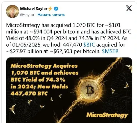 MicroStrategy покупает 1070 биткоинов за 101 млн долларов, доходность достигает 74%