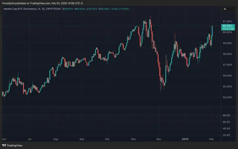 Доминация биткойна вновь выше 60% на фоне падения альткойнов
