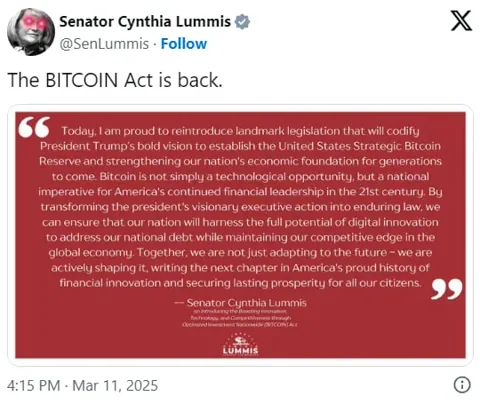 Сенатор Ламмис вновь предлагает BITCOIN Act: ставка на 1 млн BTC