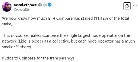 Coinbase стала крупнейшим оператором нод Ethereum с 11% стейкинга