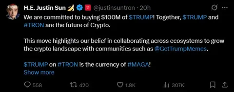 Джастин Сан инвестировал $100 млн в TRUMP — токен становится символом «MAGA» на Tron