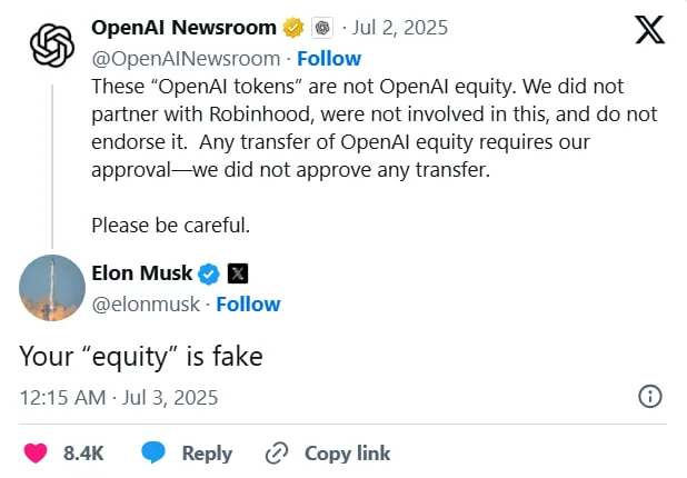 OpenAI обвинила Robinhood в выпуске фейковых токенов на свои акции