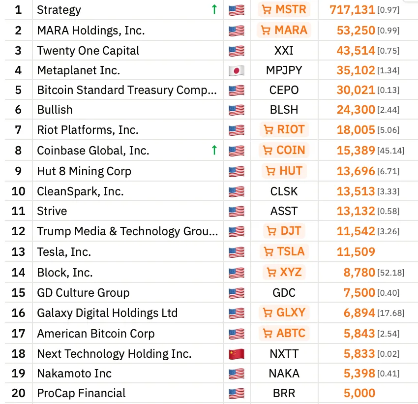 Top 20 Bitcoin treasury companies