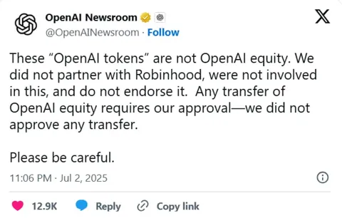 OpenAI обвинила Robinhood в выпуске фейковых токенов на свои акции