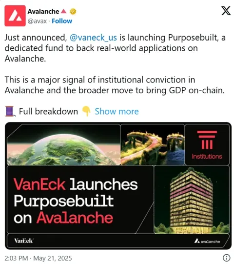 VanEck запускает фонд для проектов на Avalanche: акцент на реальные приложения и токены с утилитой