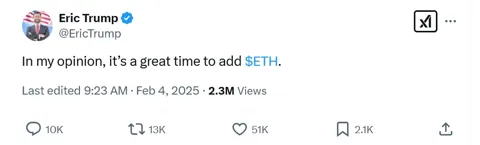 Ethereum преодолевает $2,9K — Эрик Трамп советует покупать актив