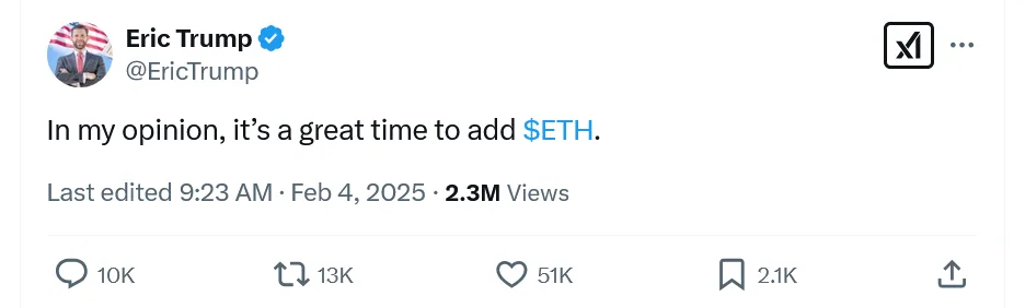 eric trump advise to buy eth
