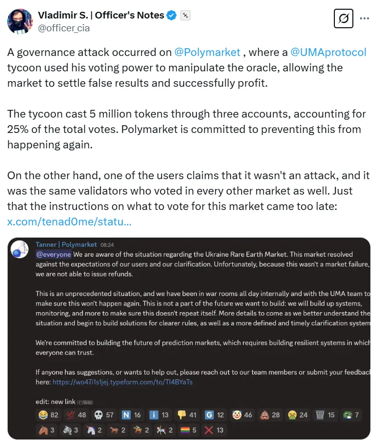 Vladimir S post regarding Polymarket flop