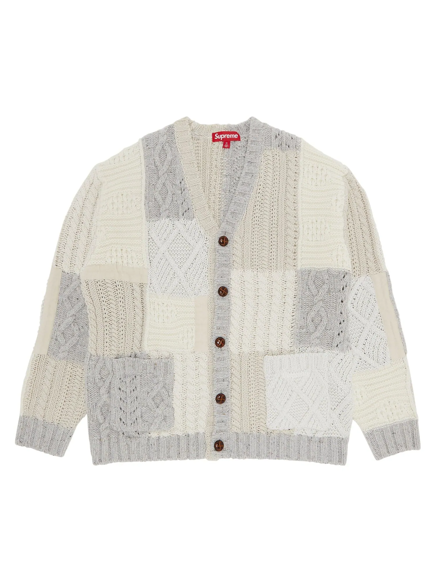 Кардиган вязанной косой вязки Supreme Patchwork — изображение 1 из 3, слоновая кость