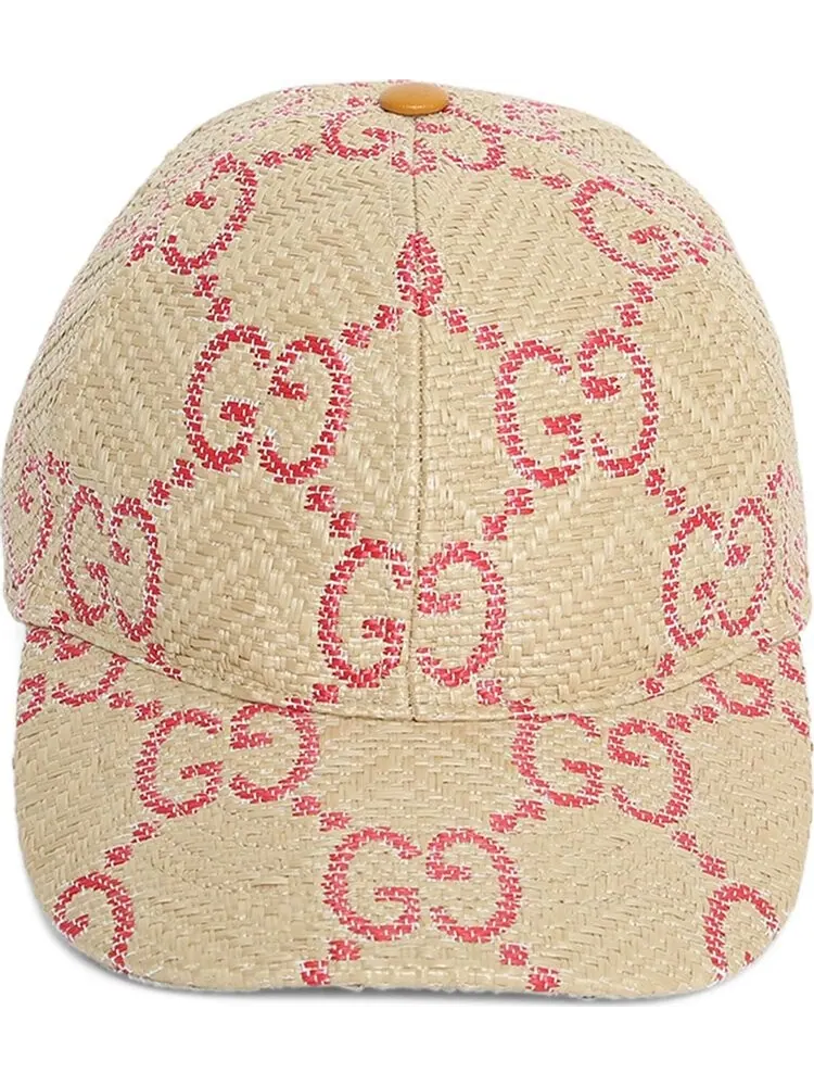 Бейсболка Gucci GG Raffia Effect Baseball Hat Beige/Red
