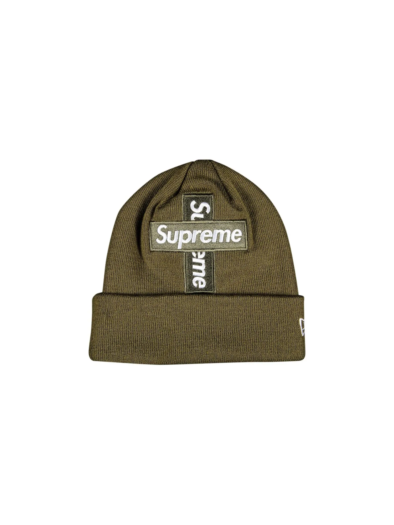 Шапка-бини Supreme x New Era Cross Box Logo, цвет Светло-оливковый — изображение 1 из 2