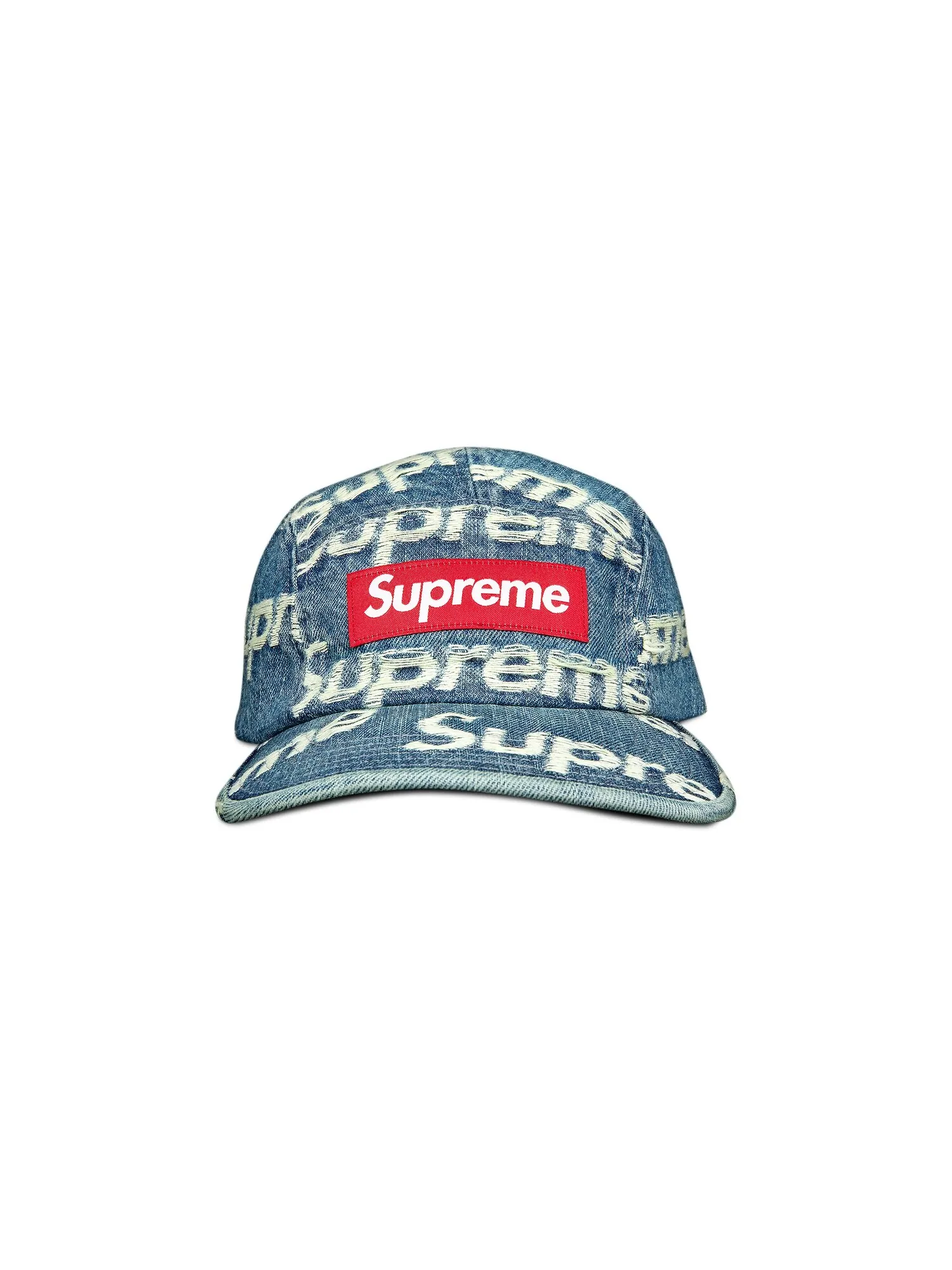 Джинсовая кепка Supreme с потертыми логотипами — изображение 1 из 3, синий