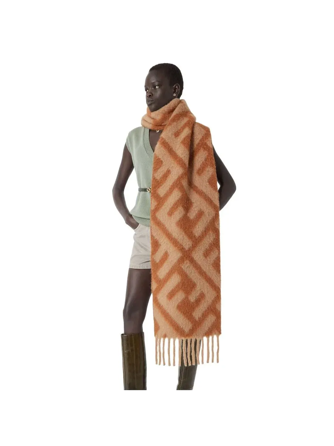 Женский шарф из альпаки и шерсти FF Scarf Fendi — изображение 4 из 4, коричневый
