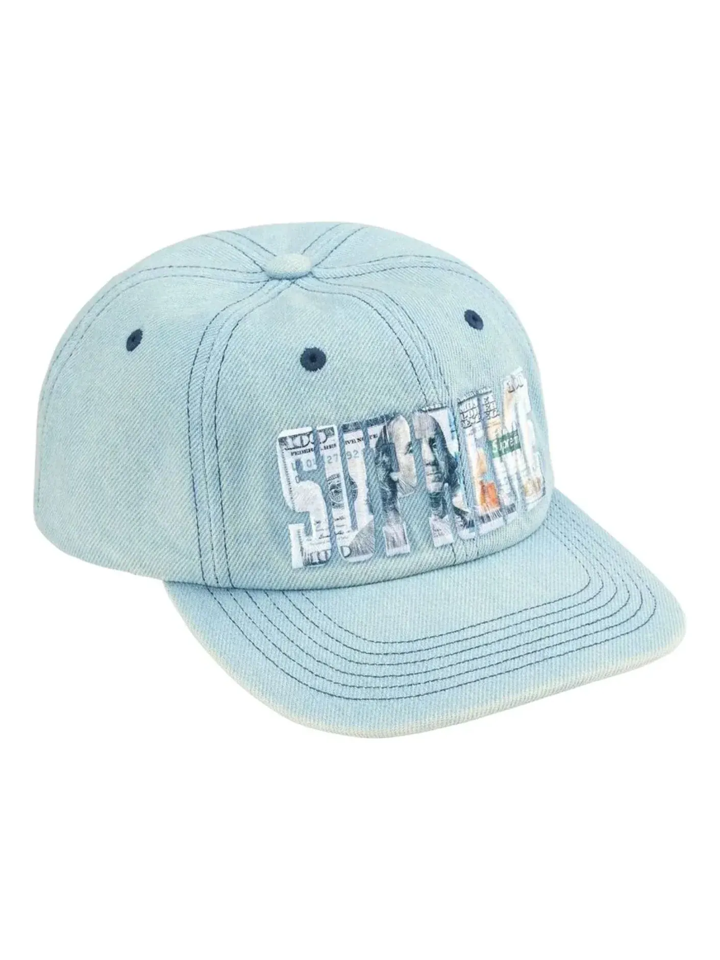 Кепка Supreme SS26 Вышитый логотип в виде денег, 6-панельная джинсовая ткань — изображение 1 из 3, синий