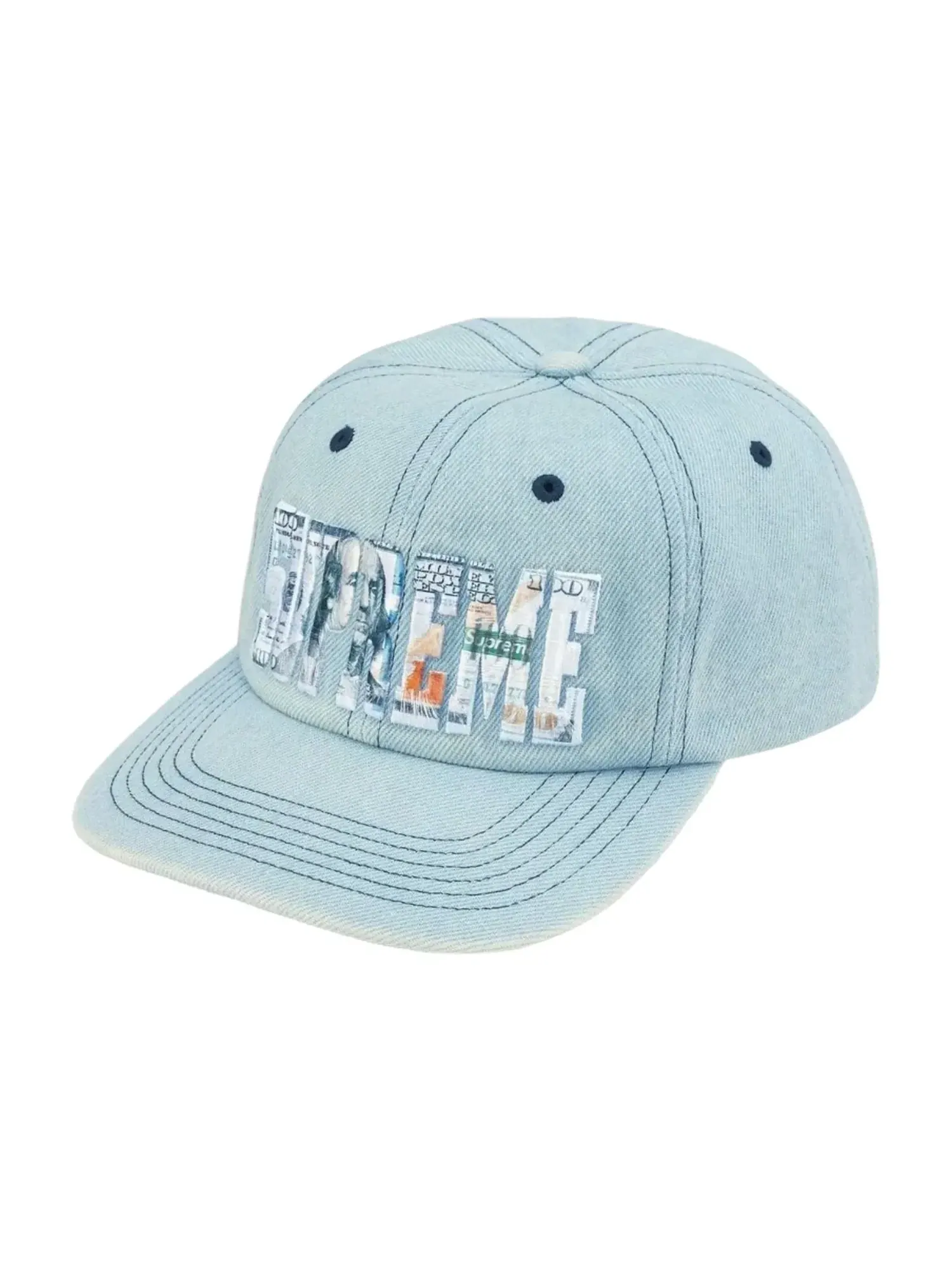 Кепка Supreme SS26 Вышитый логотип в виде денег, 6-панельная джинсовая ткань — изображение 2 из 3, синий