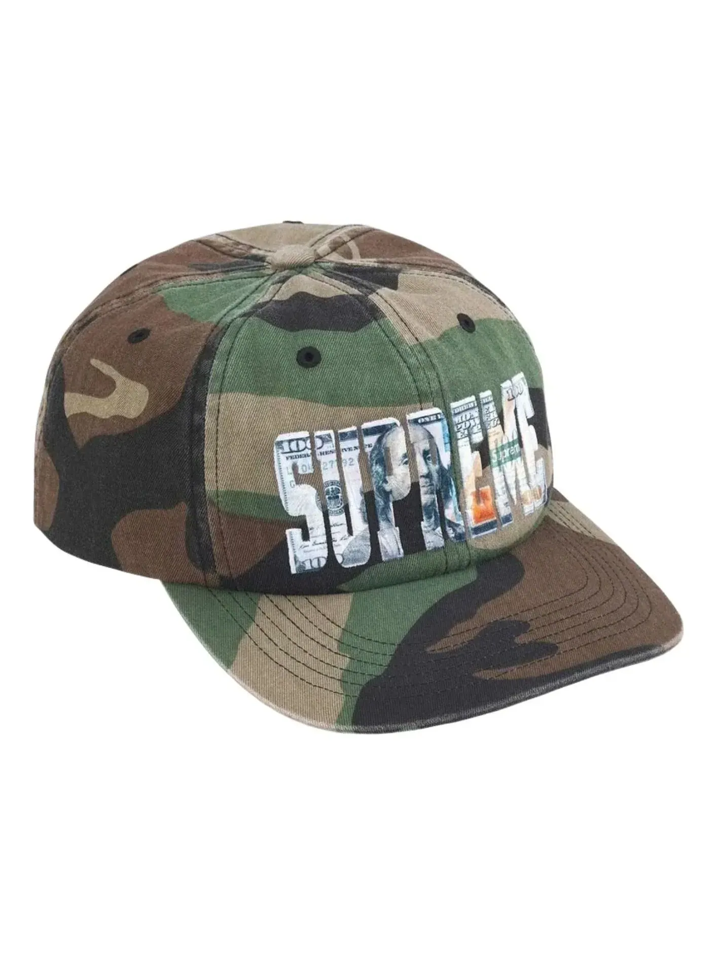 Кепка Supreme SS26 Вышитый логотип в виде денег, 6-панельная модель «Лесной камуфляж» — изображение 1 из 3, зеленый