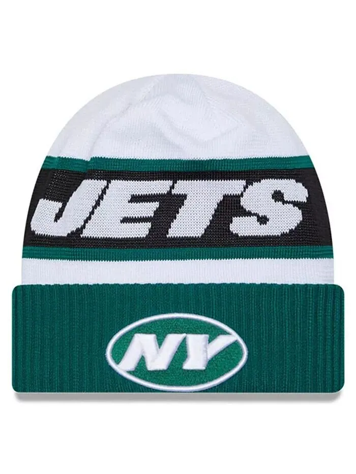 Мужская белая, зеленая вязаная шапка New York Jets 2023 Sideline Tech с манжетами New Era