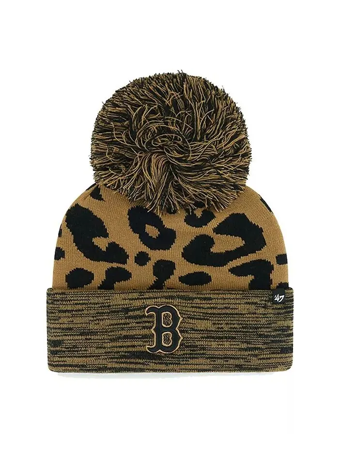Женская вязаная шапка Boston Red Sox Leopard Rosette с манжетами и помпоном '47 Brand
