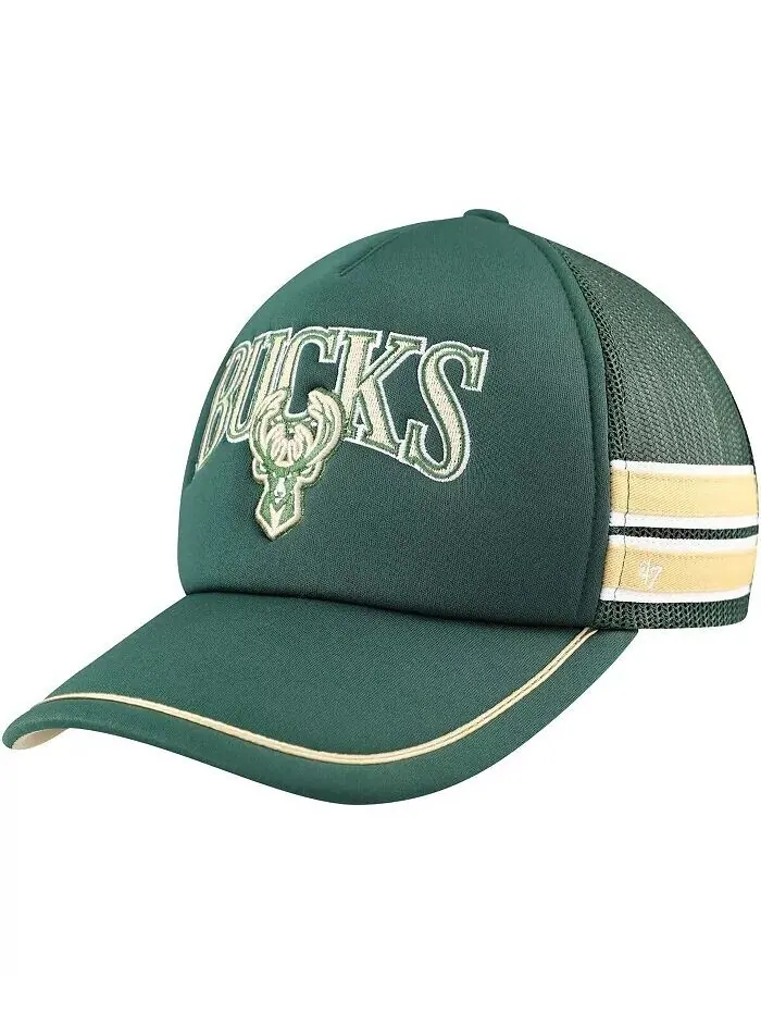 Мужская регулируемая шляпа Hunter Green Milwaukee Bucks Sidebrand Stripes Trucker '47 Brand — изображение 1 из 4, зеленый