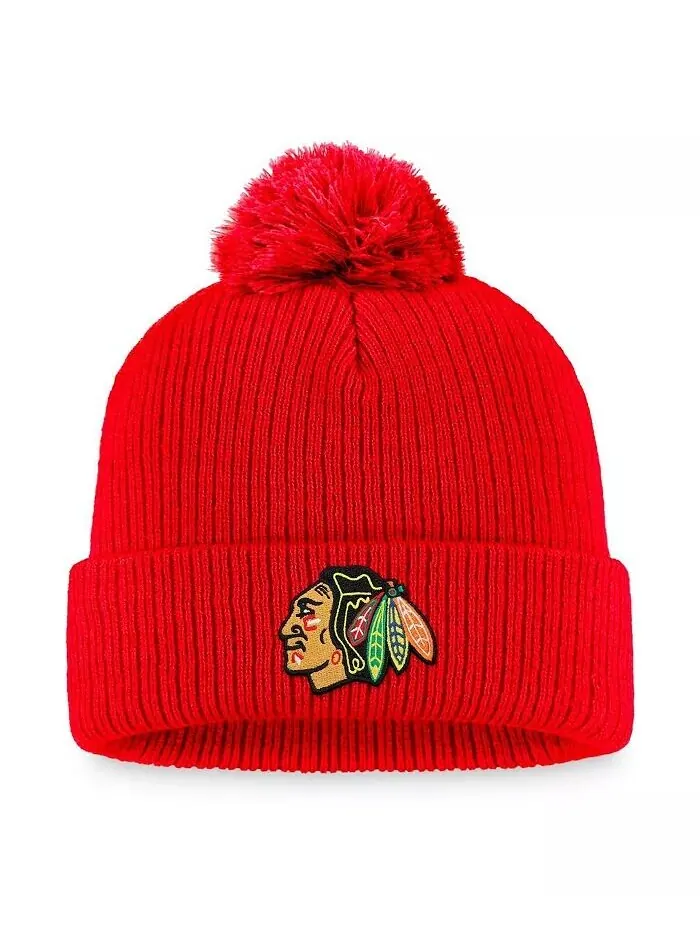 Мужская красная вязаная шапка с манжетами и помпоном Chicago Blackhawks Core Primary Logo Fanatics — изображение 1 из 2