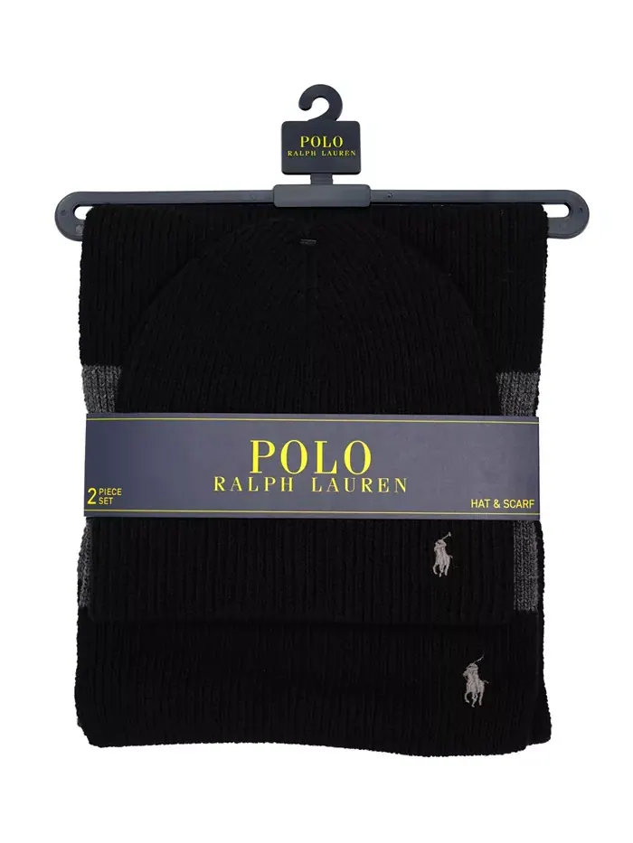 Мужской подарочный набор из двух предметов: шапка и шарф в рубчик Polo Ralph Lauren — изображение 3 из 3, черный