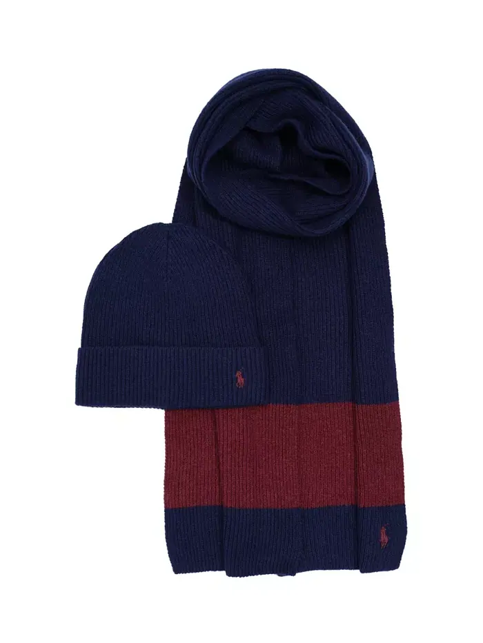 Мужской подарочный набор из двух предметов: шапка и шарф в рубчик Polo Ralph Lauren — изображение 2 из 3, синий
