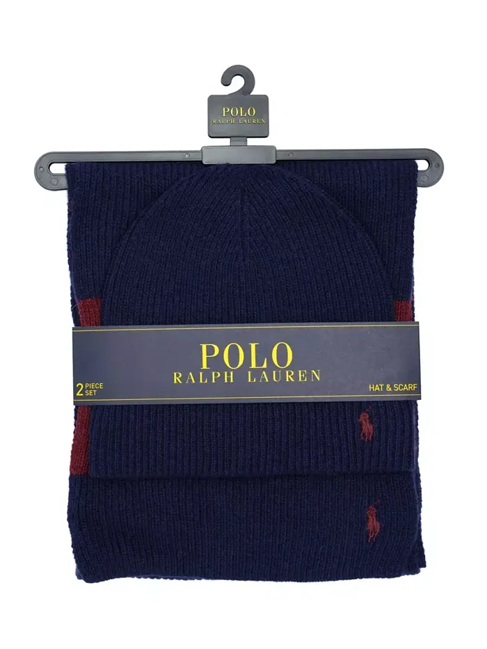 Мужской подарочный набор из двух предметов: шапка и шарф в рубчик Polo Ralph Lauren — изображение 3 из 3, синий