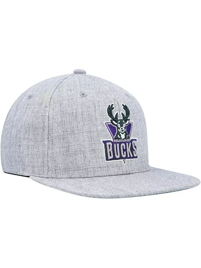Мужская кепка Snapback Milwaukee Bucks Hardwood Classics 2.0 цвета Хизер Серая Mitchell & Ness — изображение 3 из 4, серый