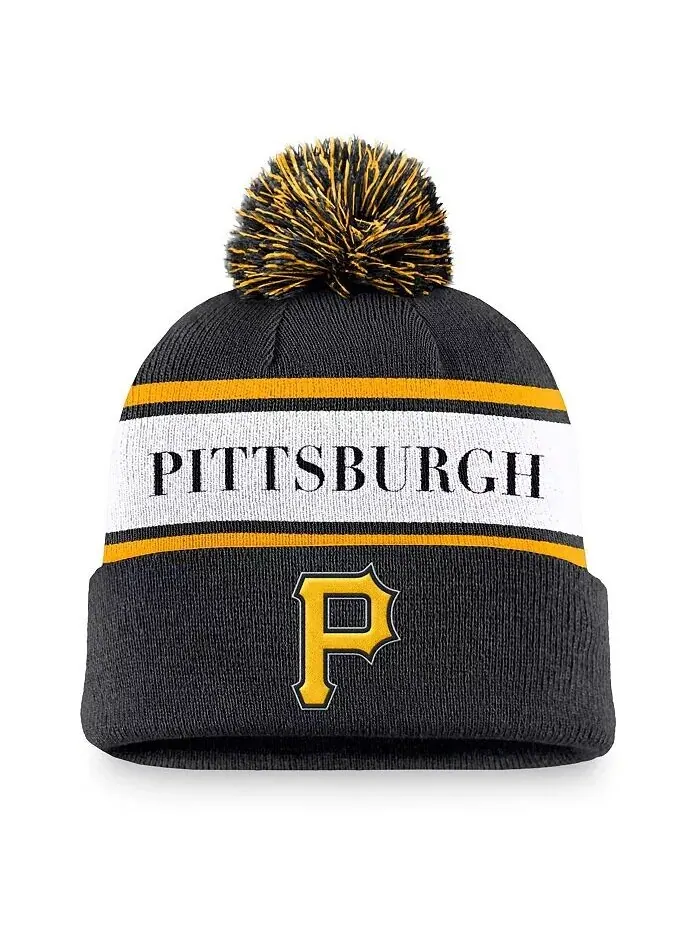Мужская черная вязаная шапка Pittsburgh Pirates Team в полоску с козырьком и помпоном Nike — изображение 1 из 2, черный