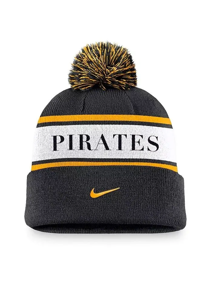 Мужская черная вязаная шапка Pittsburgh Pirates Team в полоску с козырьком и помпоном Nike — изображение 2 из 2, черный