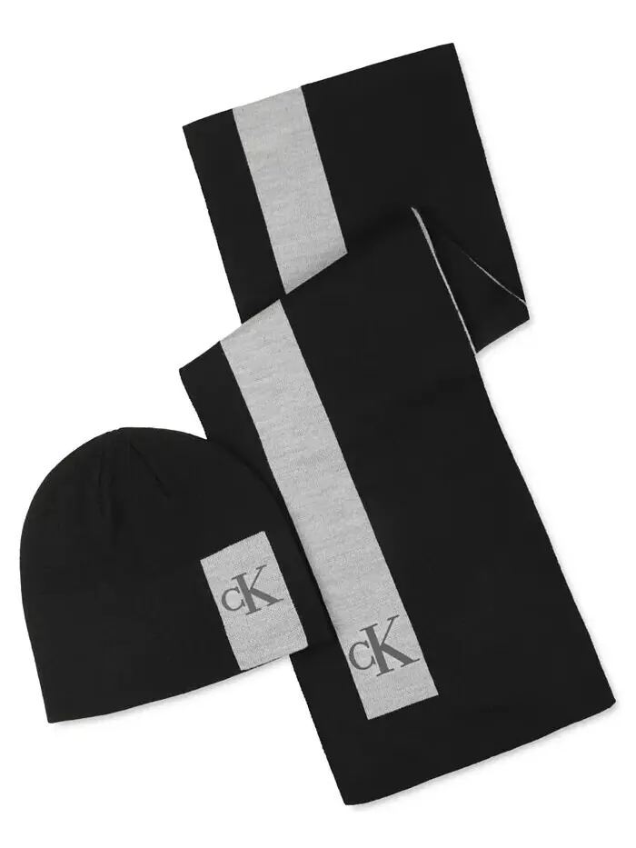 Мужской силиконовый комплект из шарфа с логотипом CK Monogram и шапки-бини Calvin Klein — изображение 1 из 2, серый