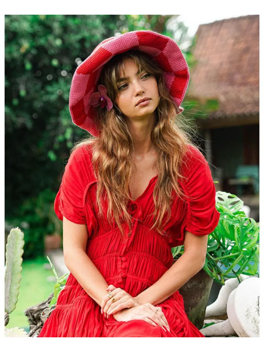Панама из хлопка Shilo Checkered Crochet Hat Brunna.co — изображение 5 из 5, красный