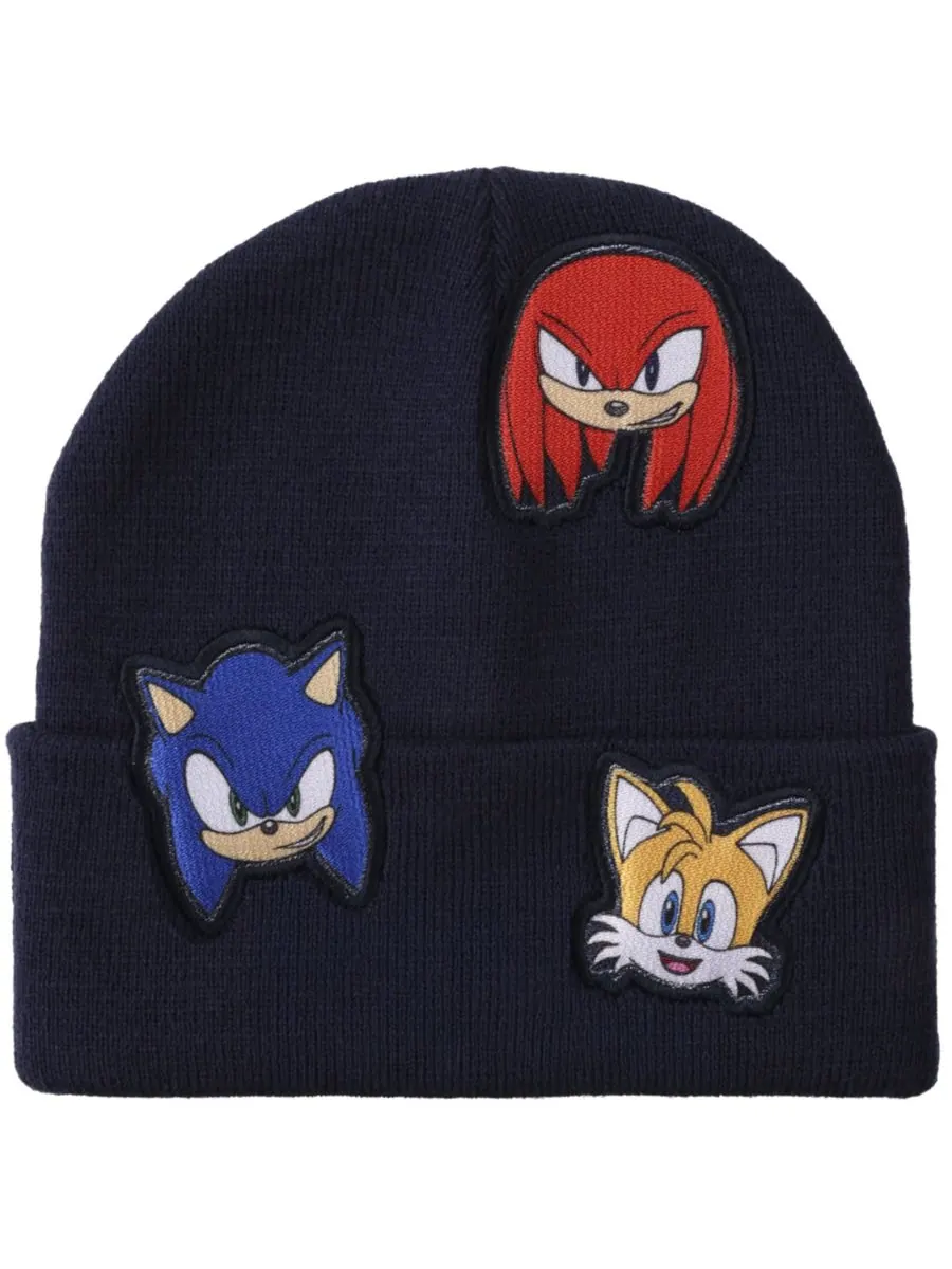 Мужская шапка-бини с нашивками в виде персонажей, темно-синего цвета Sonic The Hedgehog — изображение 1 из 6, синий