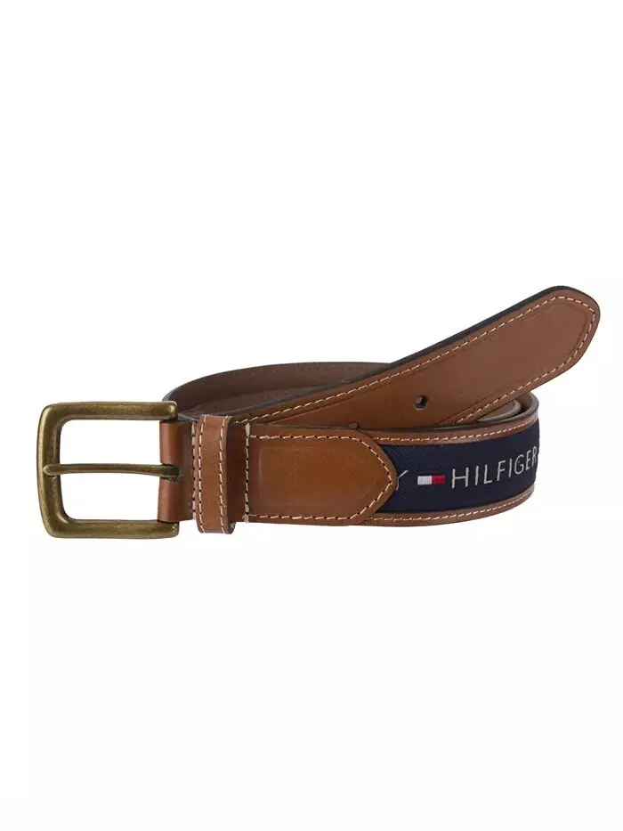 Мужской трехцветный кожаный ремень с инкрустацией из лент Tommy Hilfiger
