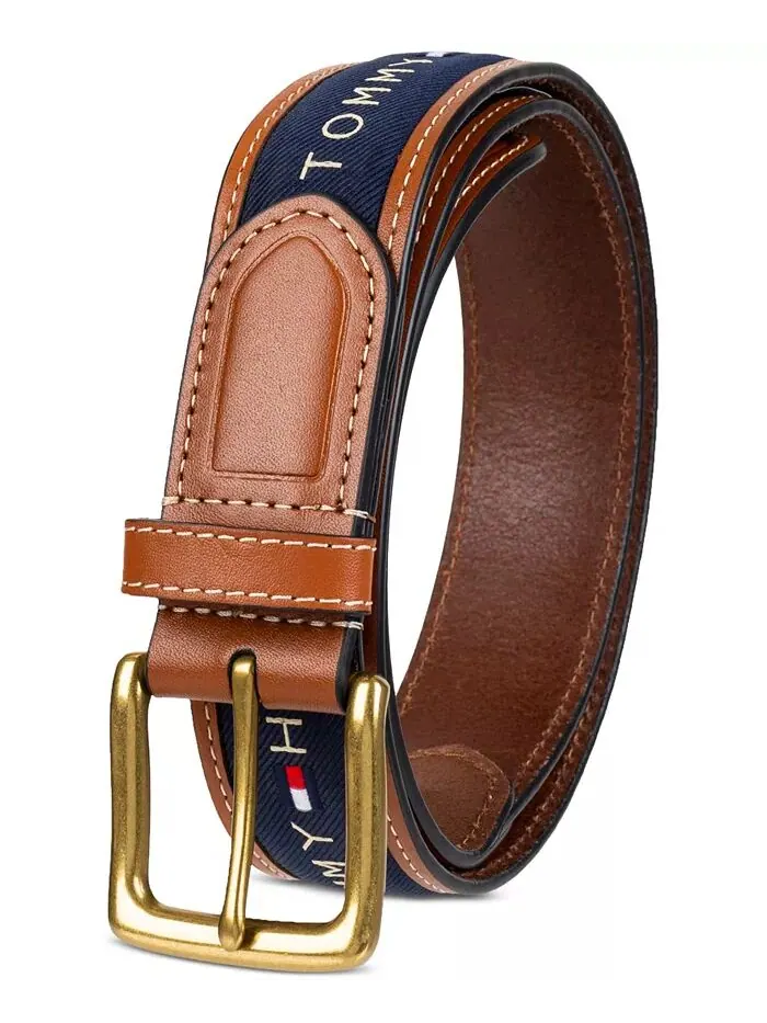 Мужской трехцветный кожаный ремень с инкрустацией из лент Tommy Hilfiger — изображение 2 из 8, темно-синий