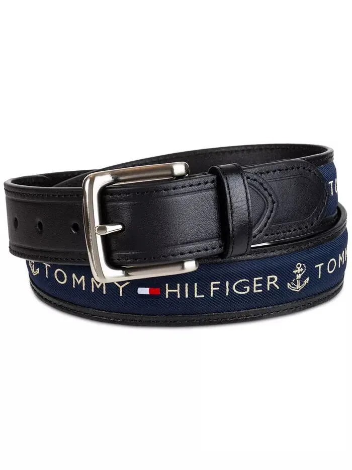 Мужской трехцветный кожаный ремень с инкрустацией из лент Tommy Hilfiger — изображение 5 из 8, темно-синий