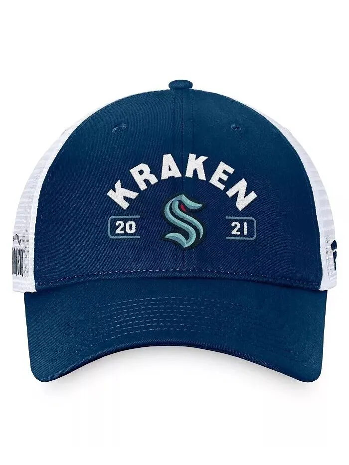 Мужская регулируемая шляпа темно-синего/белого цвета Seattle Kraken Free Kick Trucker Fanatics — изображение 2 из 4