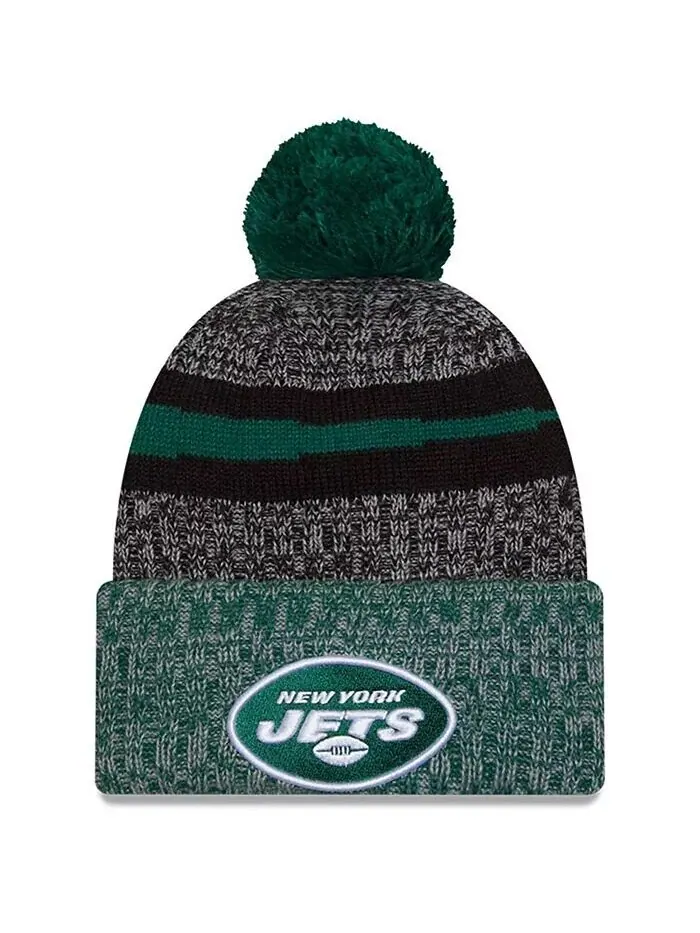 Мужская черная, зеленая вязаная шапка New York Jets 2023 Sideline Sport с манжетами и помпоном New