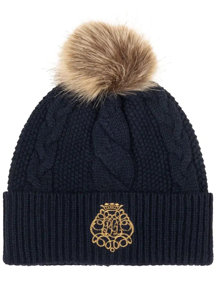 Шапка с помпоном и вышивкой, модель Direct Embroidery Cable Pom Beanie Lauren Ralph Lauren — изображение 1 из 4, темно-синий