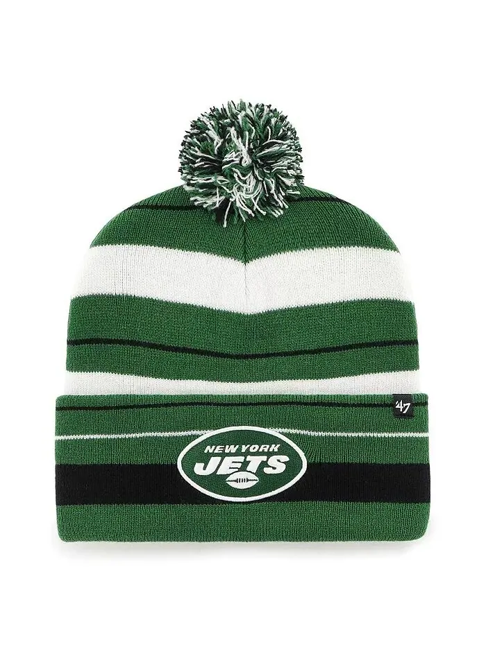 Мужская зеленая вязаная шапка New York Jets Powerline с манжетами и помпоном '47 Brand — изображение 1 из 2