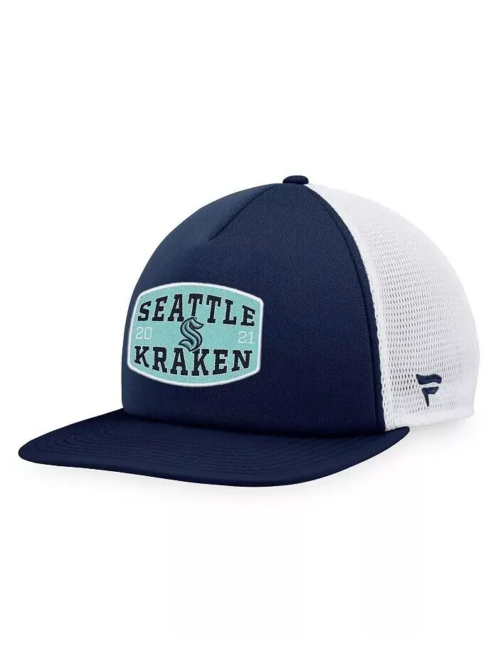 Мужская темно-синяя/белая кепка из пеноматериала Seattle Kraken с нашивкой спереди Trucker Snapback — изображение 1 из 4