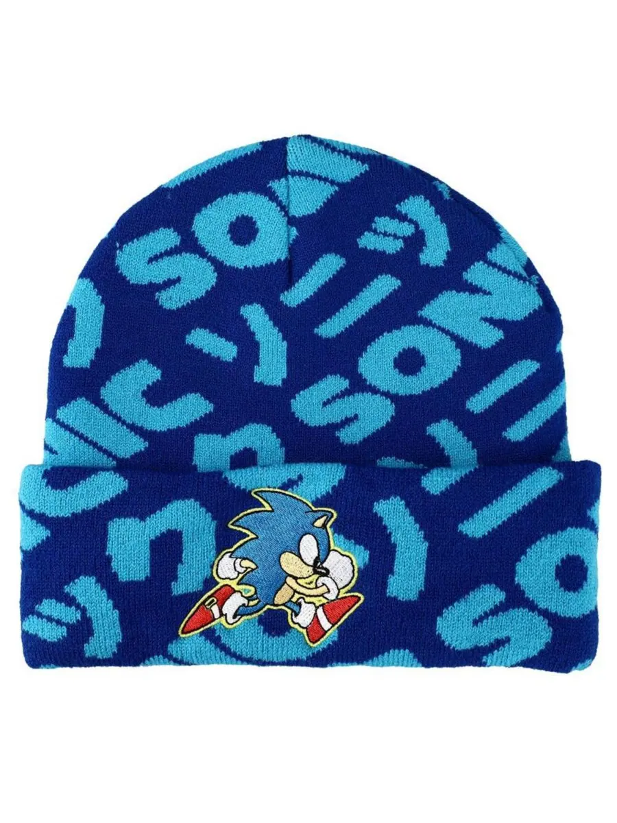 Мужская вязаная шапка Sonic Flat Embroidery Blue AOP из жаккардовой акрила Sonic The Hedgehog — изображение 1 из 2, синий